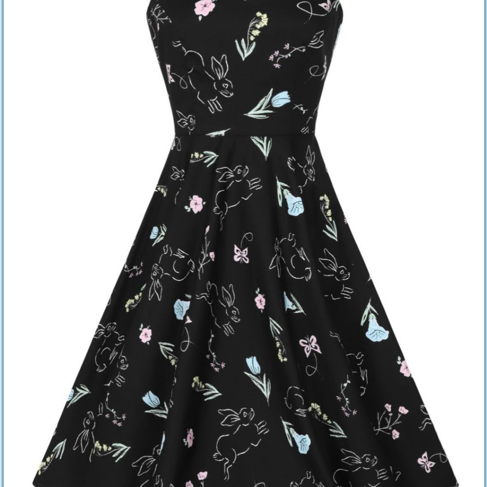 Hell Bunny NWT cotton Black Floral Bunnies Small  Easter dress Pin Up 50s - Picture 3 of 4